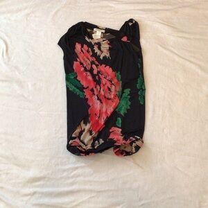 Small Sleeveless Floral Dress in Black with Coral and Green Accents